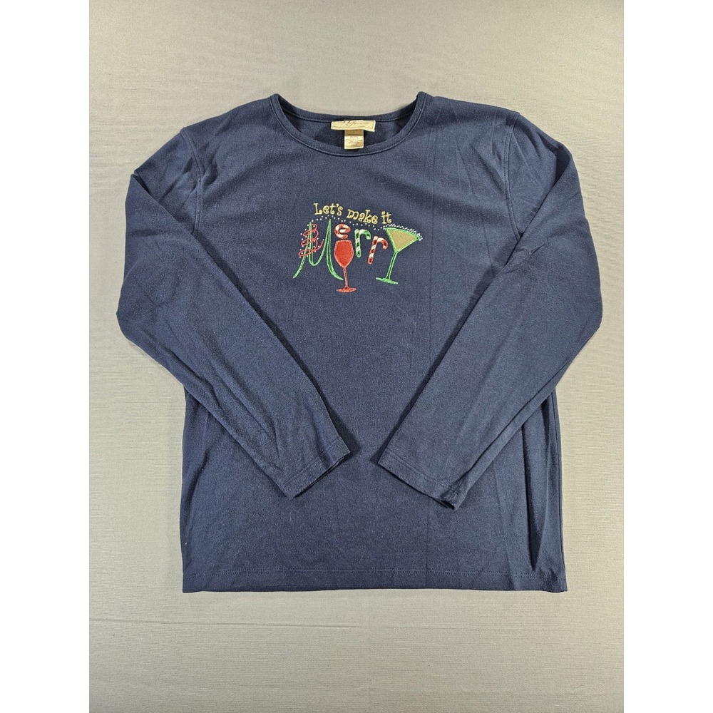 Holiday Christmas Long Sleeve Shirt L Navy Blue Cocktail Merry M&C Sportswear
